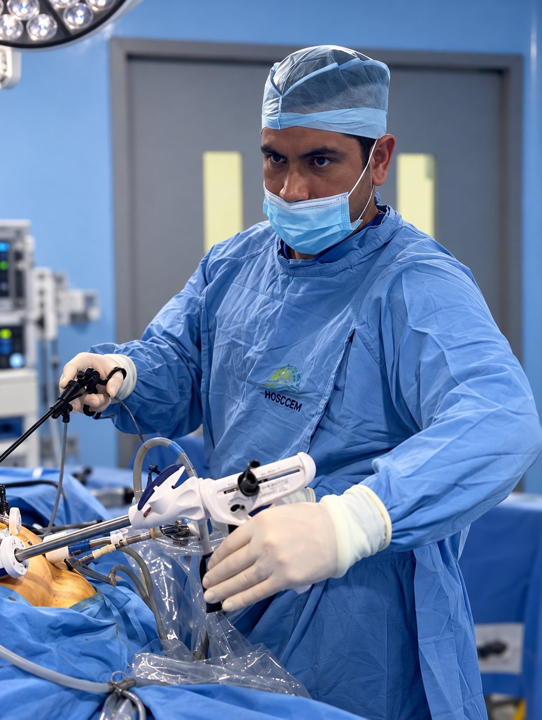 Surgeon in blue surgical gown, mask, and cap holding surgical instruments in operating room